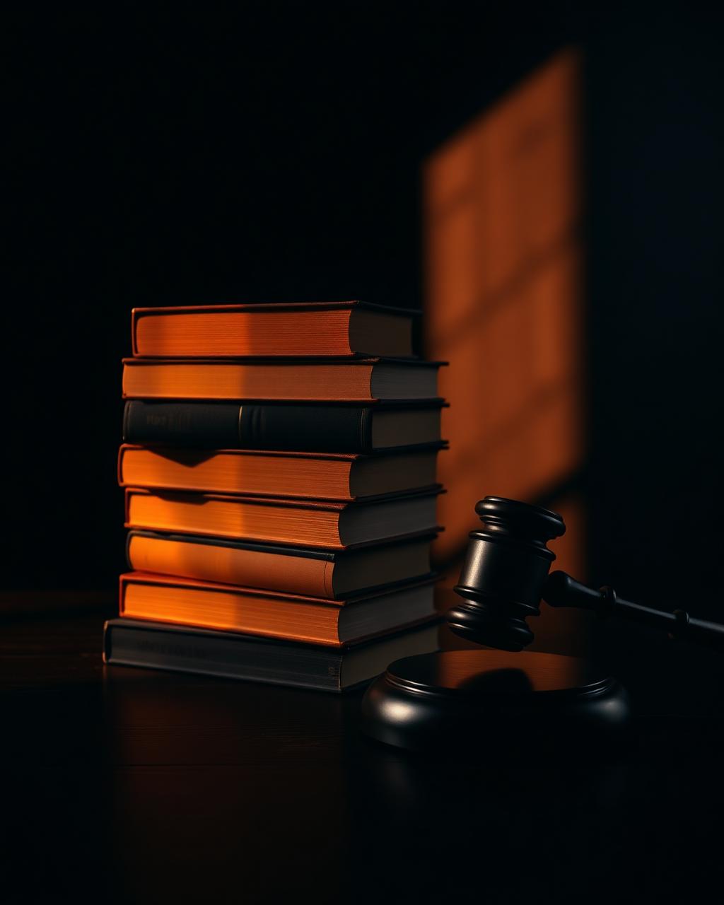 Livros de direito e martelo sobre mesa escura — símbolo da tradição jurídica